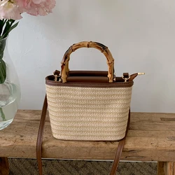 Simple Hand Knitted Women's Travel Handbags Fashion Wooden Handle Ladies Shoulder Bags Summer Straw Female Bucket Crossbody Bags