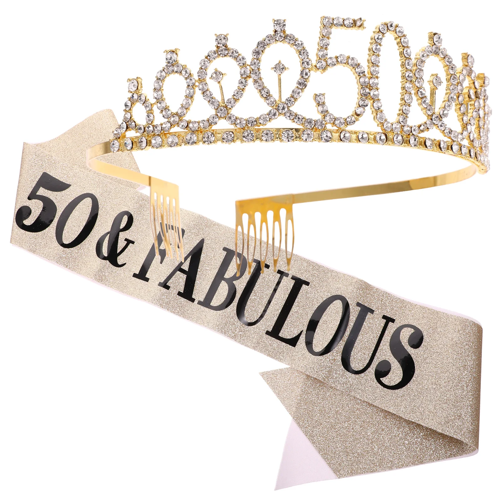 

2pcs Crown Set 50th Golden Hair Hoops Party Headdress Sash Queen Miss Celebrate Hair Party Sash Styling Tools