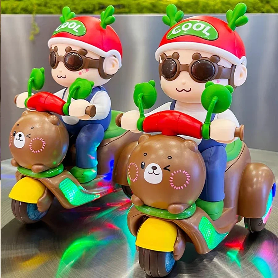 Stunt Rotating Motorcycle Toys Cute Cartoon Children's Christmas Bear Electric Shape with Light Music Boys and Girls Christmas