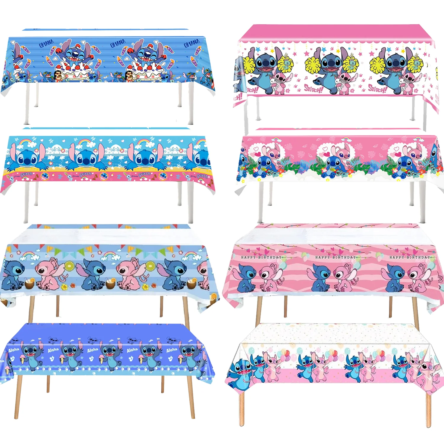 Mantel de fiesta de Stitch de Disney, suministros de cumpleaños para niños, mantel con decoraciones de Ángel rosa de punto azul para niños y niñas, Baby Shower