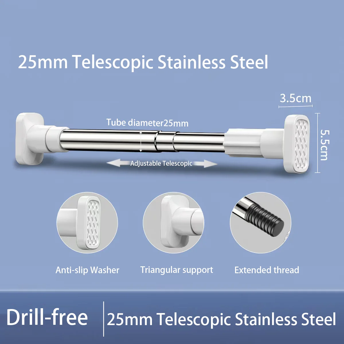 Anti-Slip Drill-Free Telescopic Rod, 25mm Stainless Steel Adjustable Clothes Hanging Pole for Home
