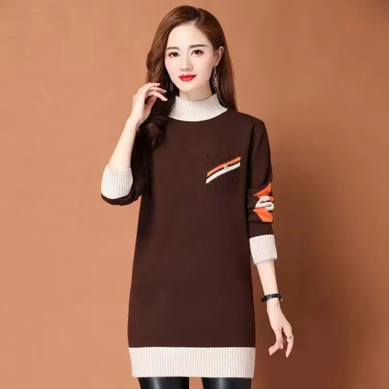 

Women's Medium Long Base Sweater with Added Velvet Thick Thickness Autumn Winter New Versatile Wool Warm Knit Casual Sweater