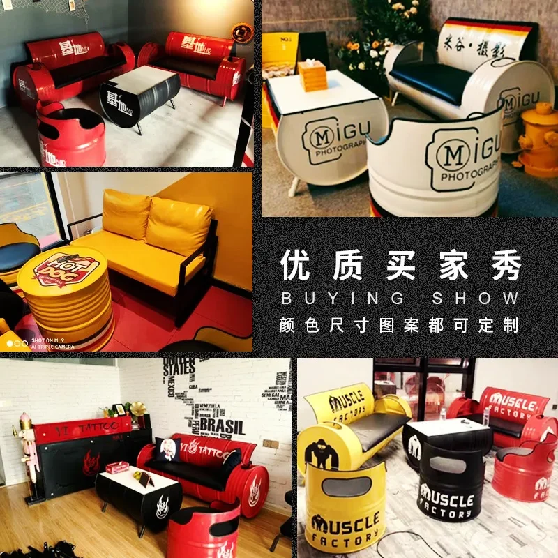 Creative Oil Drum Card Seat Bar Table and Chair Combination Industrial Style Commercial Wrought Iron Sofa Set for KTV Coffee