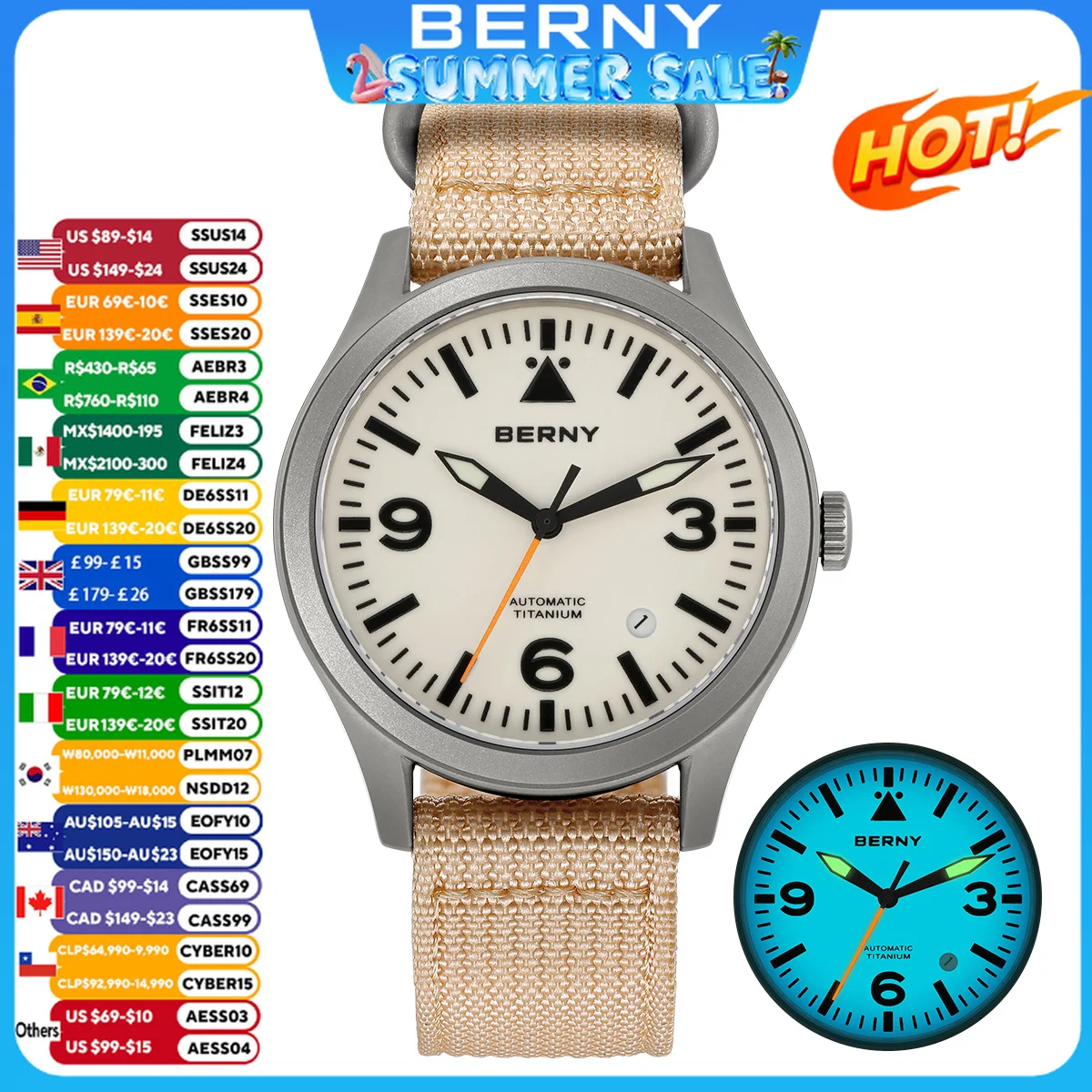 

BERNY Men Aviation Mechanical Top Men Wristwatch Sapphire AR Coating Supper Luminous 10Bar Sport Watch Titanium Aviation Watches