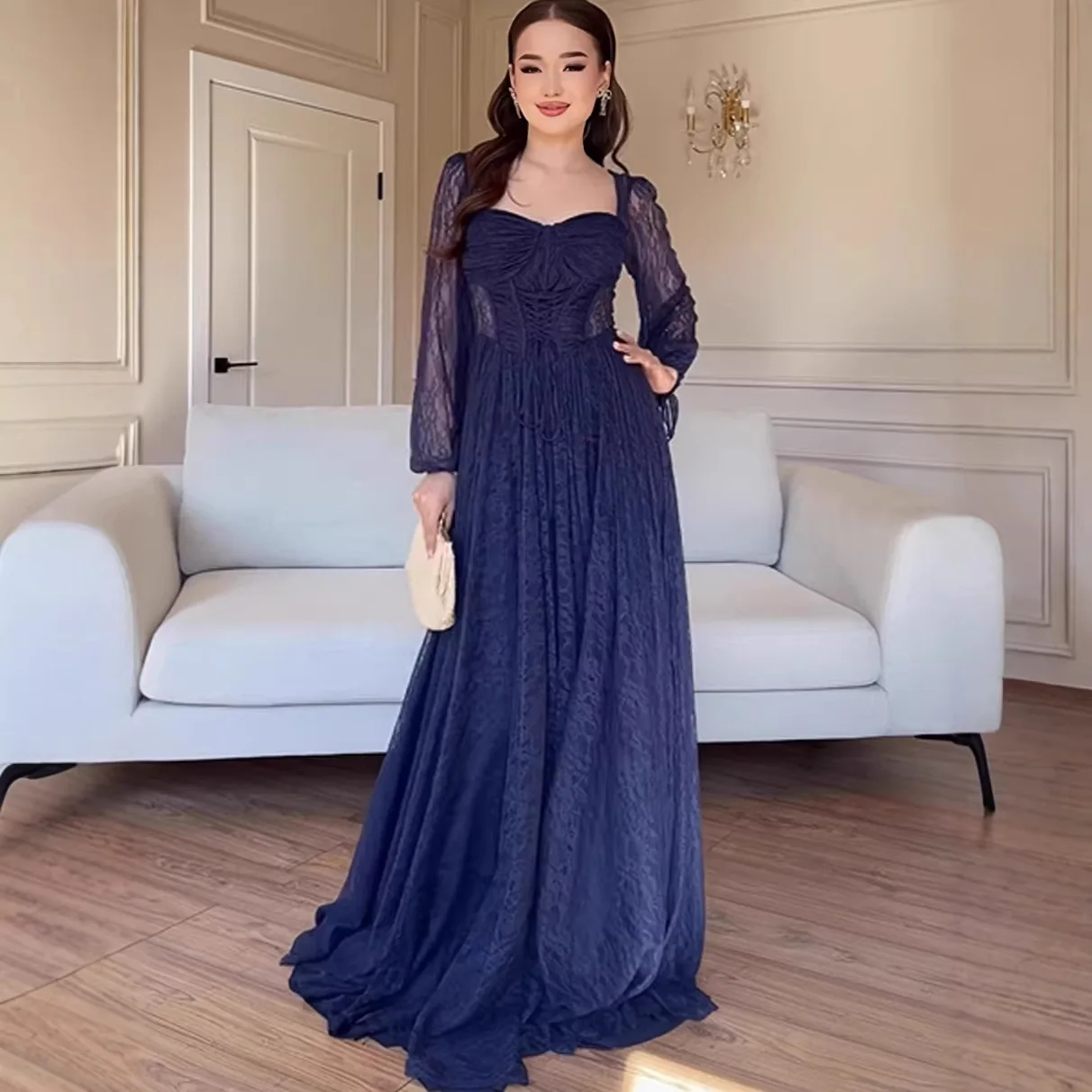 Elegantes Damen-Partykleid mit Spitze, quadratischem Ausschnitt, rückenfrei, formelles Maxi-Abendkleid, bodenlang, Frühling 2026, A-Linie
