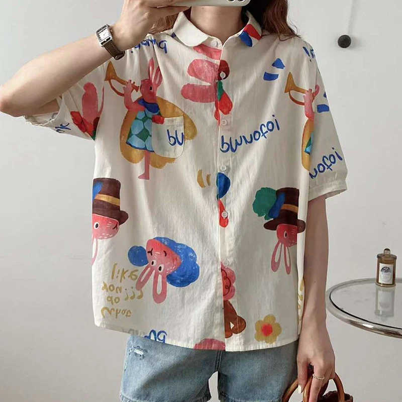 Summer Women Clothre Casual Sweet Cartoon Rabbit Printed Tops Loose Turn Down Collar Short-sleeved Kawaii Shirts And Blouse U386