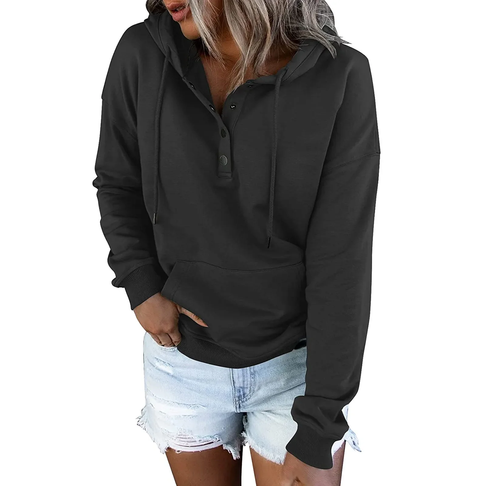 European and N Women\'s Long-sleeved Loose Casual Hooded Drawstring Pocket Hoodie