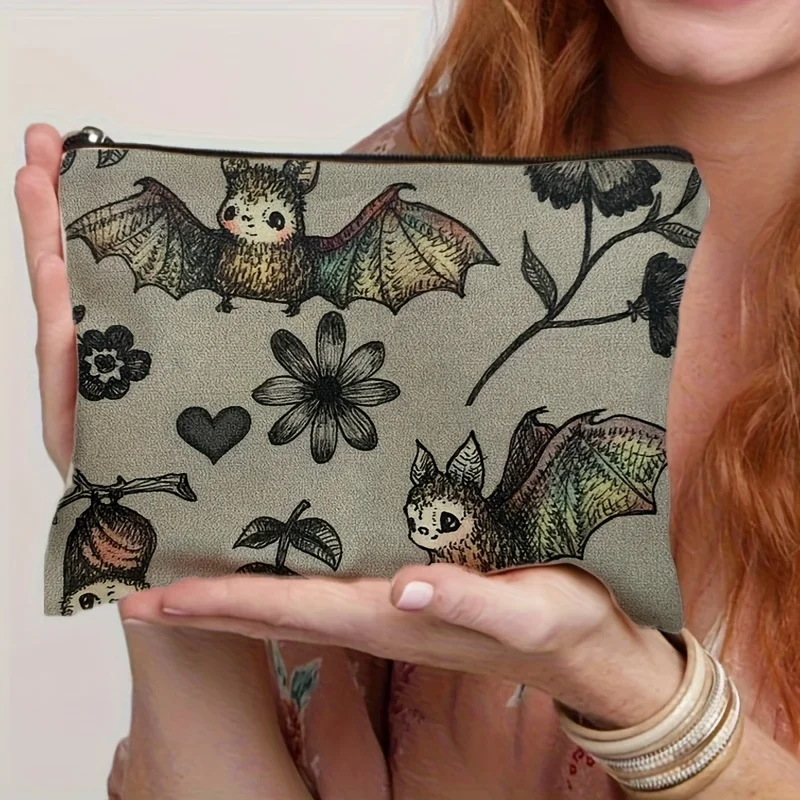 Cute Bat and Floral Makeup Bag and Coin Purse - Fantasy Cartoon Design, Durable Polyester Material, Mixed Colors, Hand Washable
