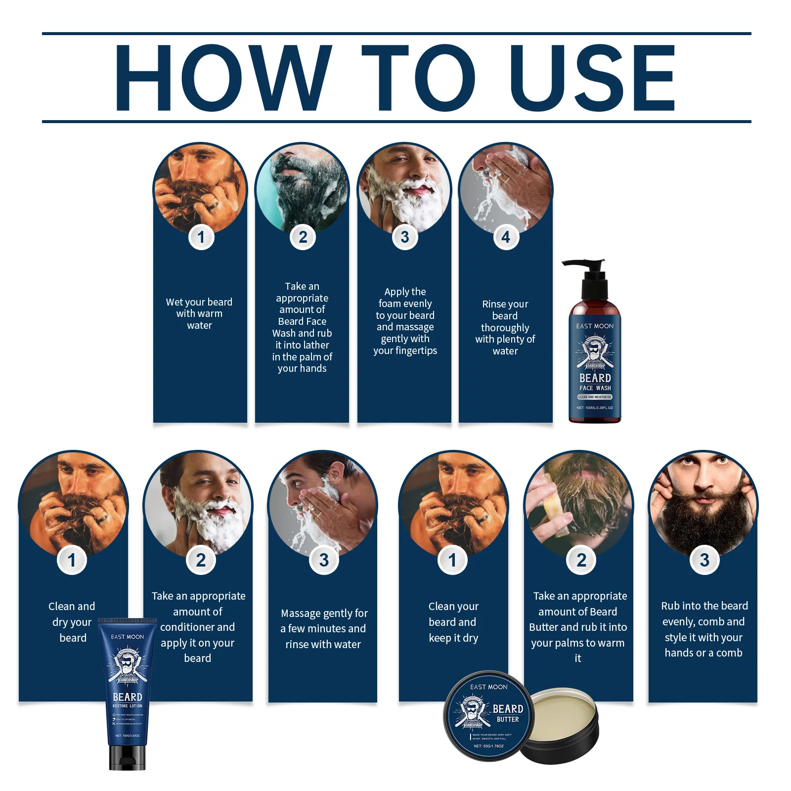 

East Moon Men Beard Care Set Deeply Nourshing Soften Beard Reducing Frizz Strengthen Shape Lasting Scent Moustache Grooming Kit