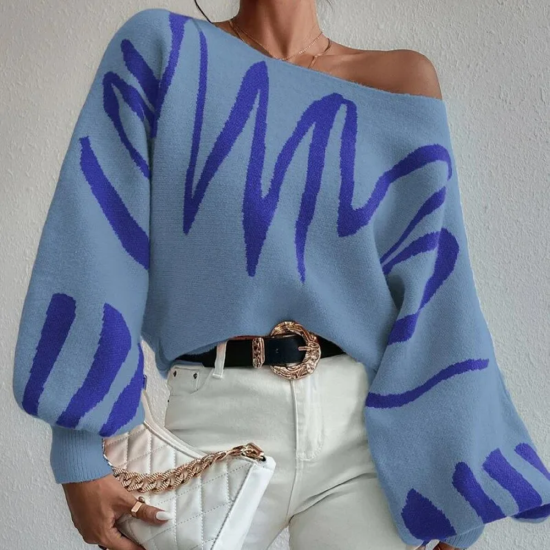 

New Korean Style Latern Long Sleeve Cropped Blue Short Sweater Women Knitted Jumper Female Print Autumn O-Neck Pullovers Tops