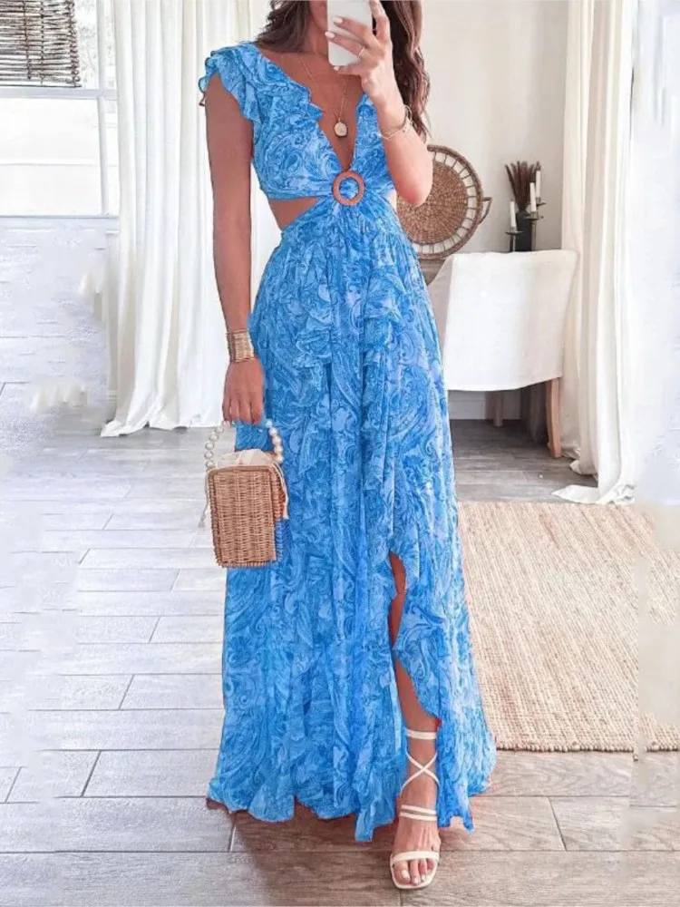 

Summer Printed Deep V-neck Sexy Off-waisted Long Pleated Dress Women's Elegant And Sweet Sleeveless High-waisted Dresses