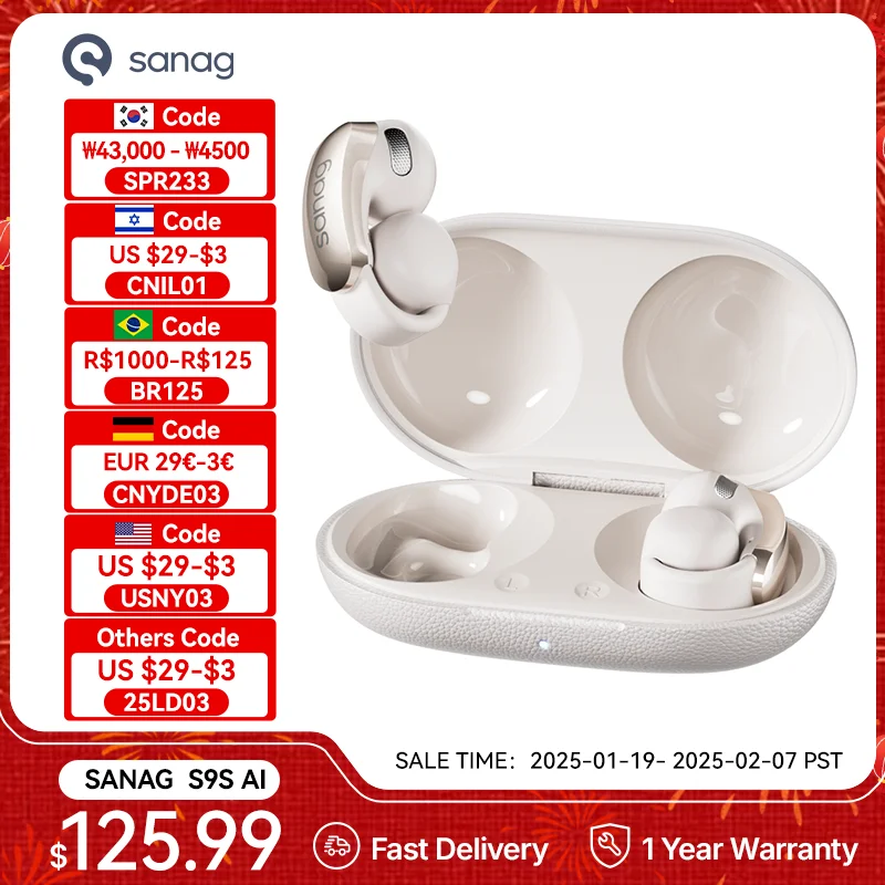 Sanag S9S AI Ear Clip Headset OWS Earphone Bluetooth 5.4 AI Voice Translation Wireless Headphone IPX4 Earbuds 7 Hours Playback