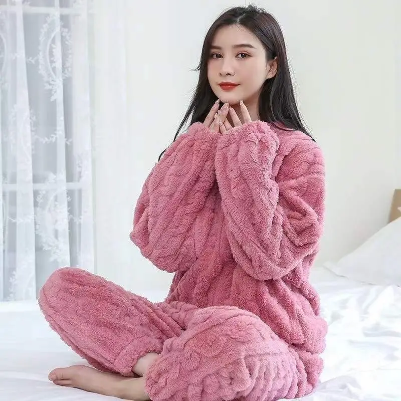 Autumn Winter Warm Pajamas 2 Piece Set Thicken Velvet Elasticated Women Casual Nightwear Lounge Suit Women\'s Pajamas Home Wear