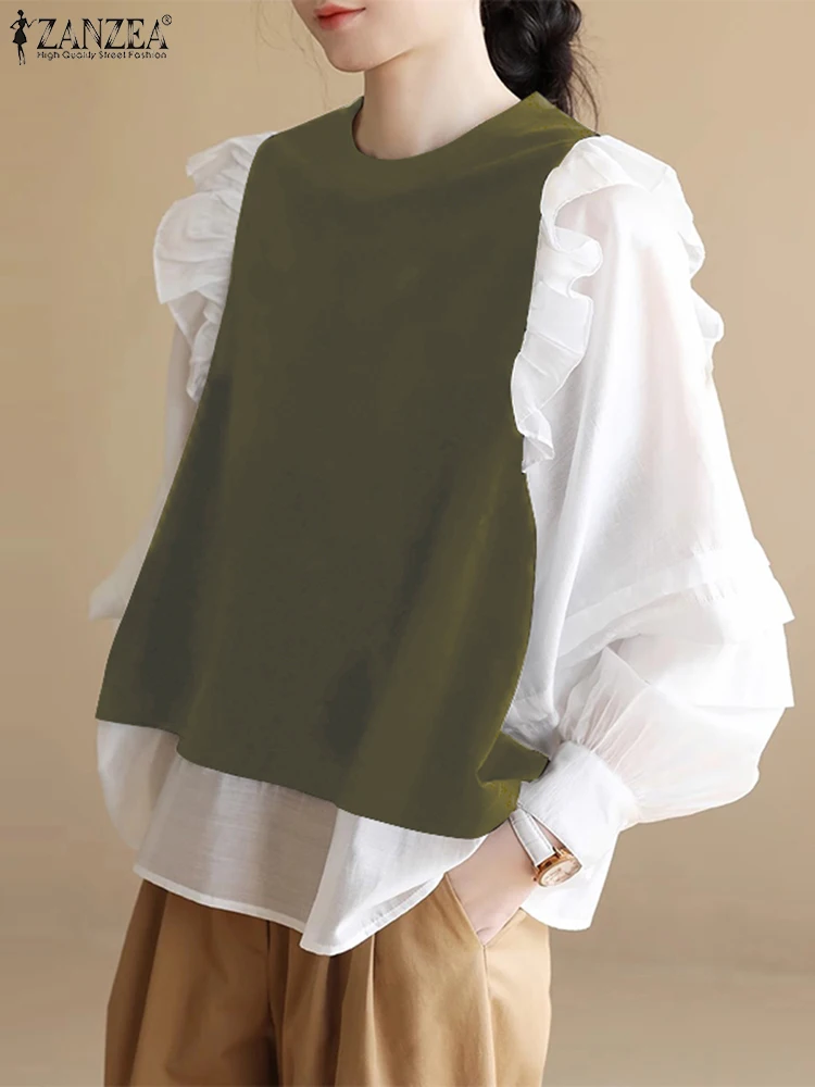 

ZANZEA Autumn Women Long Sleeve Shirt Vintage Patchwork Blouse Fashion Ruffled Colorblock Tops Holiday Casual Fake 2PCS Tunics