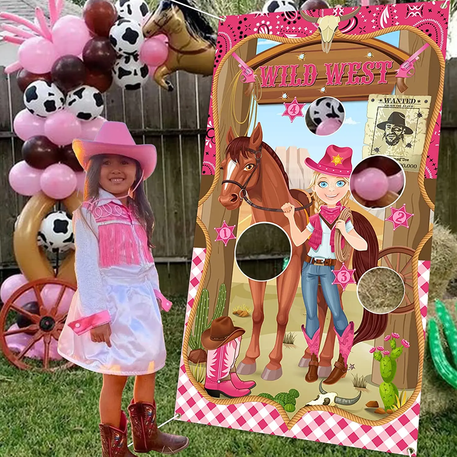 Cowgirl Toss Game Pink Cowgirl Backdrop with 3 Bean Bags for Girls Wild West Throwing Game Birthday Party Outdoor Indoor Games