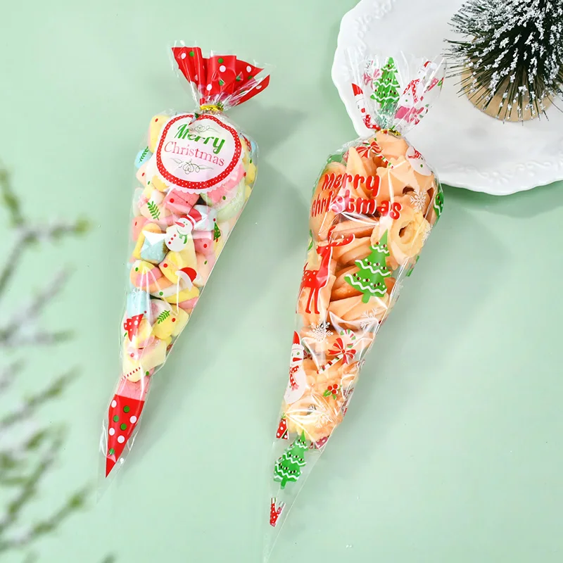 

100pcs Christmas Cone Shape Candy Bags DIY Cookies Dessert Packaging OPP Pounches Bag Christmas New Year Party Decoration Supply