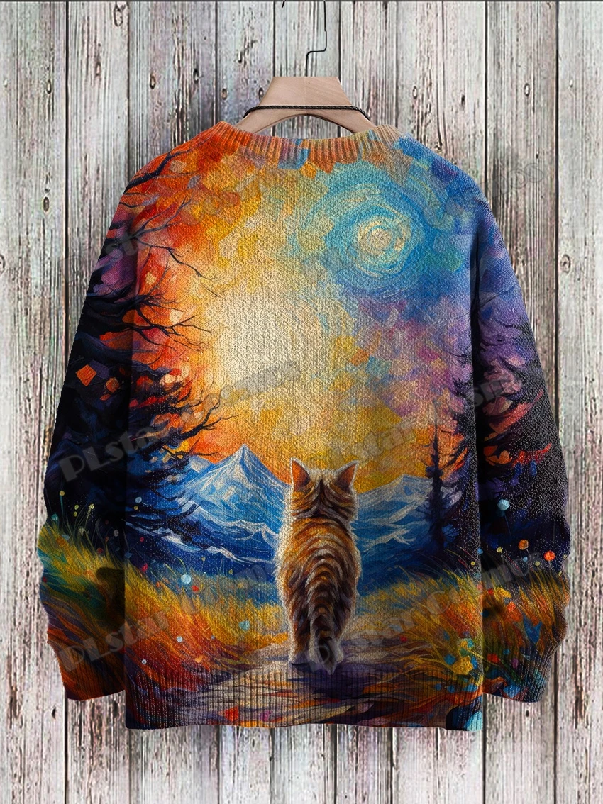 Oil Painting Cat Sunny Pattern 3D Printed Men's Crewneck Knitted Pullover Winter Unisex Casual Knit Pullover Sweater ZZM51