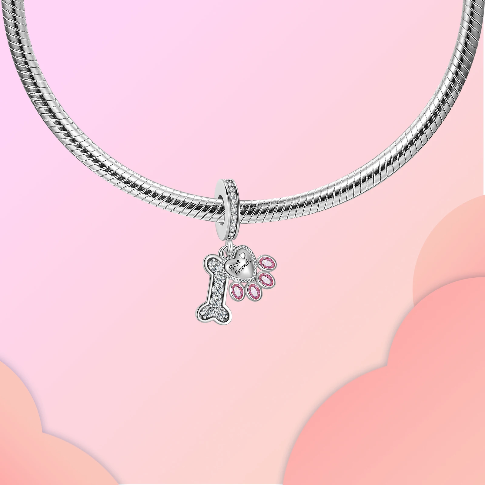 925เงินสเตอร์ลิงสำหรับเพื่อนสุนัขน่ารักสีชมพูเหมาะกับสุนัขสร้อยข้อมือเครื่องรางแพนโดร่าแบบดั้งเดิมของขวัญเครื่องประดับ DIY สำหรับผู้หญิง