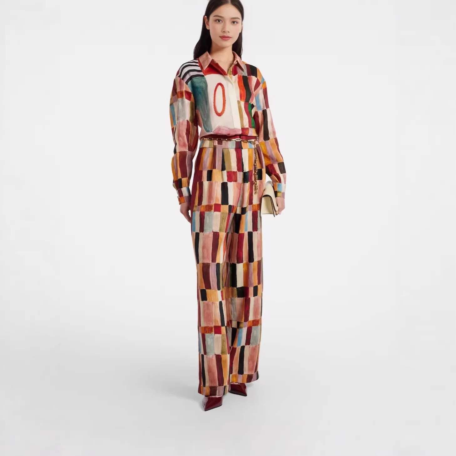 Vintage Style Two Piece Sets Womens Outifits Spring Summer Loose Long Sleeve Printed Blouse Shirt Wide Leg Retro Plaid Pant Suit