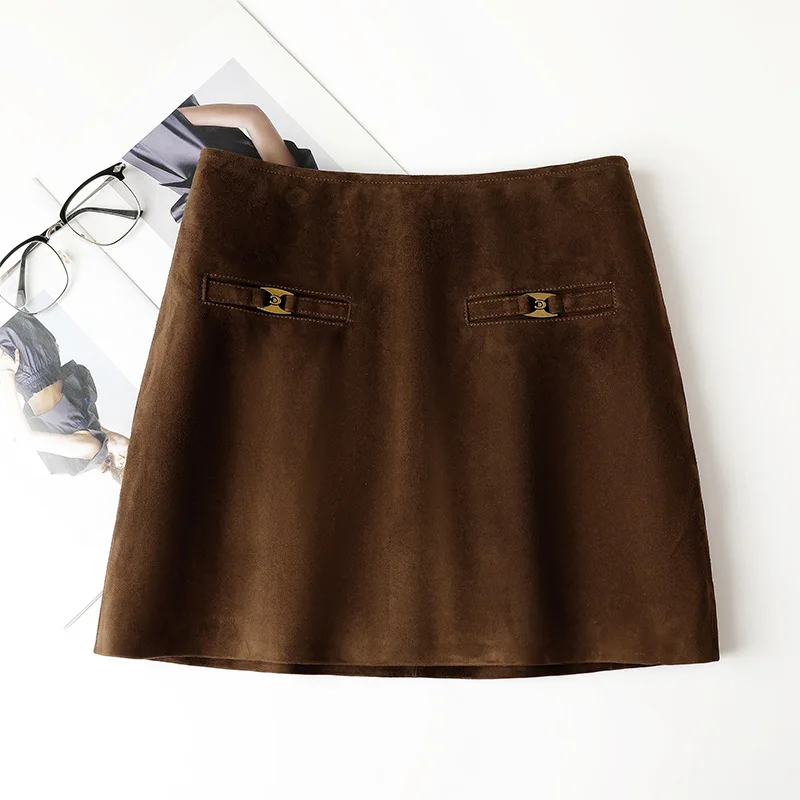 

2025 Fall Winter Genuine Leather Skirts for Women Goatskin Suede Simple Package Hip A-line Short Skirts Female Slim Mini Skirts