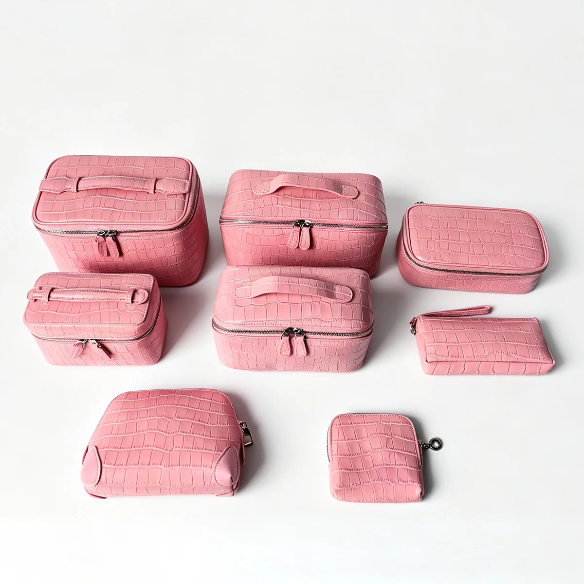 Geprägter Kosmetikbeutel aus Leder mit Krokodil-Optik, großer Stauraum, mehrere Taschen, Handtaschen-Organizer für Toilettenartikel, Reise, rosa Ausführungen. – Detail 1