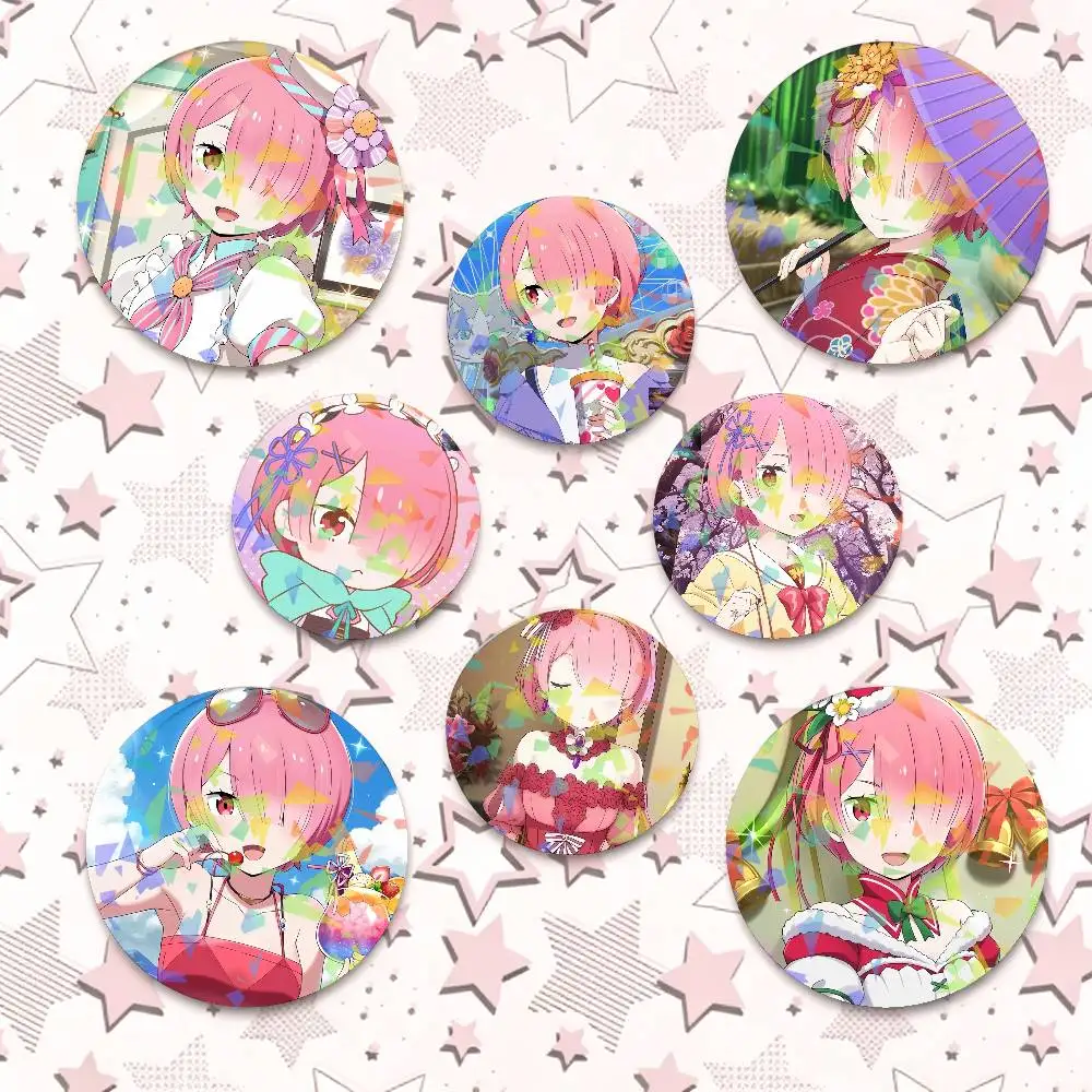 Ram Anime R-ReZero S-Starting L-Life in Another World Round Badge Lapel Pins for Backpacks Briefcase Laser Brooch Clothes Gifts