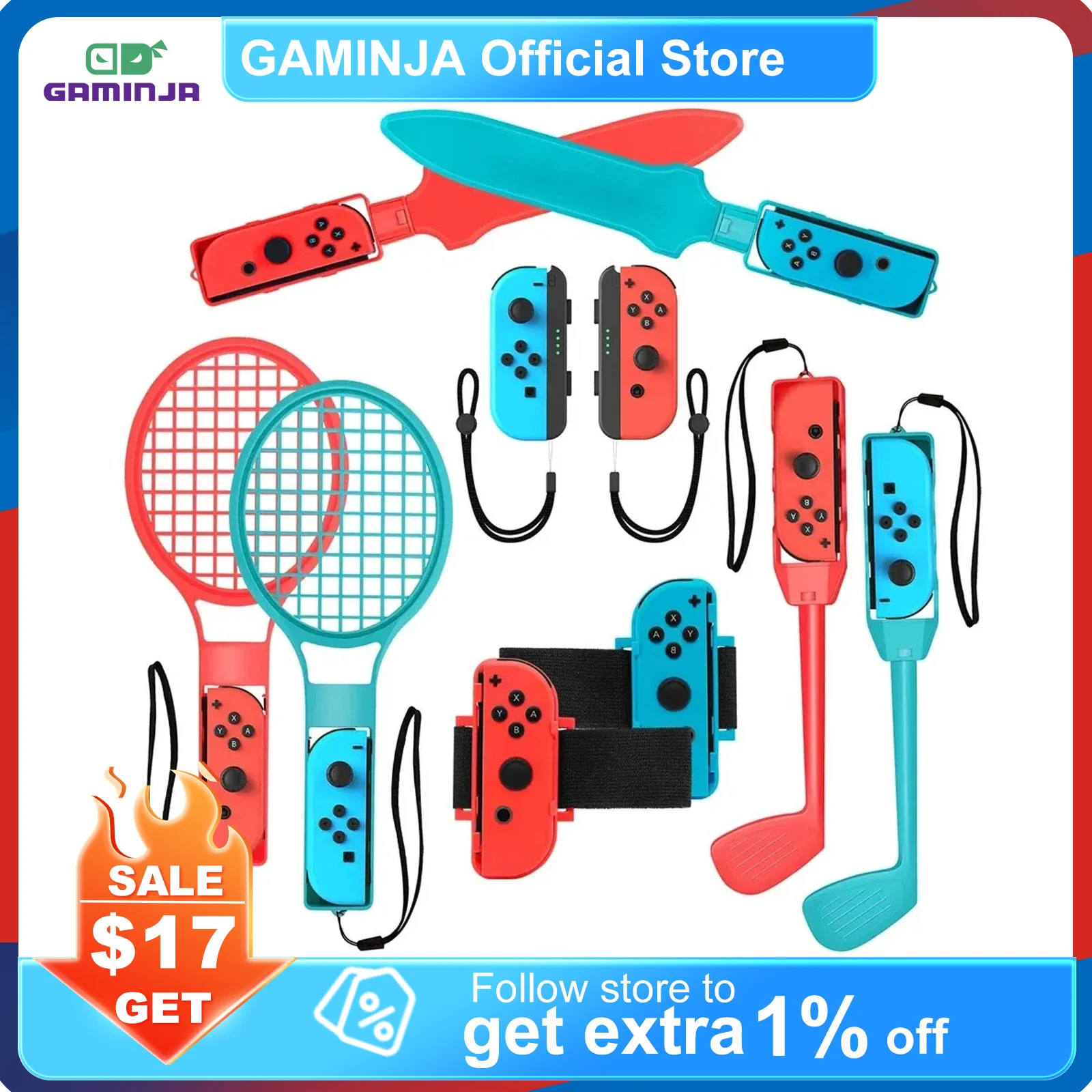 

GAMINJA 10 in 1 Switch Sports Accessories Motion Sensing Sports Set for Nintendo Switch Oled Game Sports Suit With Tennis Racket