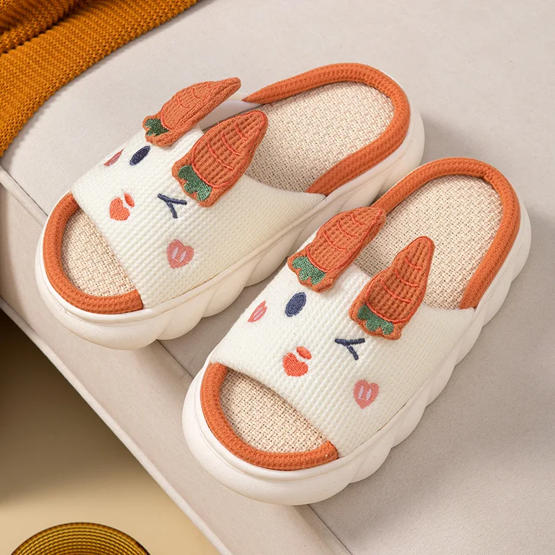 Women Lovely Frog Linen Slippers Shoes Couples Non Slip Thick Soled Spring Summer Cotton Linen Cool Slippers Home Slippers Slide