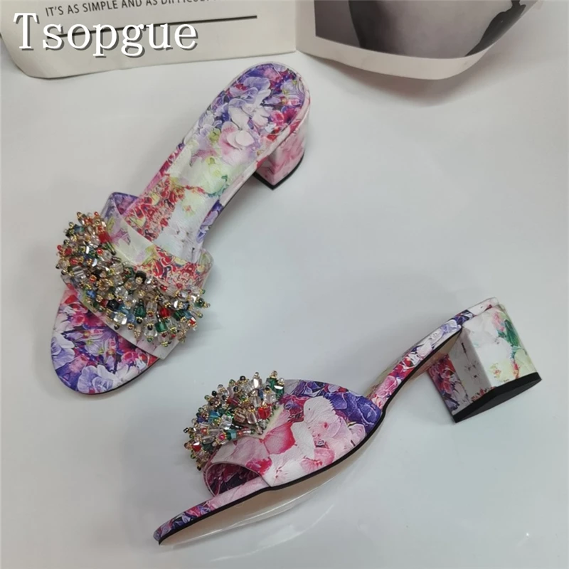 

Colorful Printed Rhinestones Women Slippers Brand Design Fashion Open Toe Thick Heel Mules Luxury Party Dress Shoes