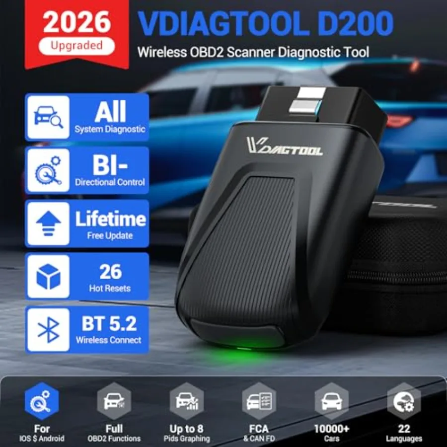 OBD2 Scanner Diagnostic Tool D200, Wirel Bidirectional Scan Tool-Lifetime Free Updates, 26 Resets Unlockable 49+,Full System Ca
