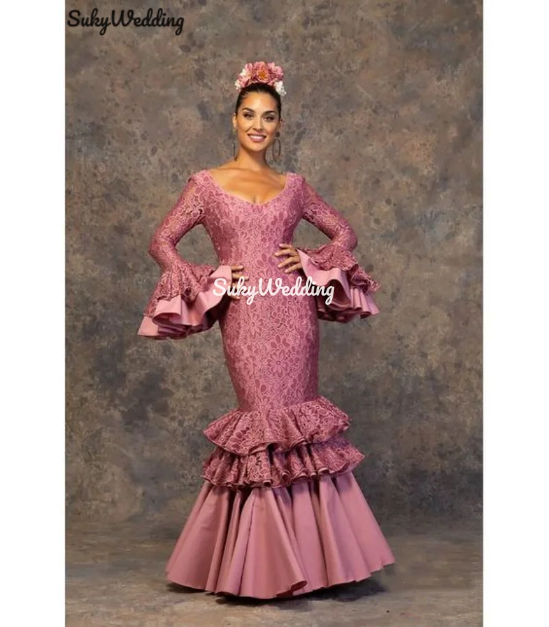 Sexy Flamenco Prom Dresses Mermaid Retro Palace Women Ruffles Tiered Flare Sleeve Flamenco Costume Spanish Formal Party Wear