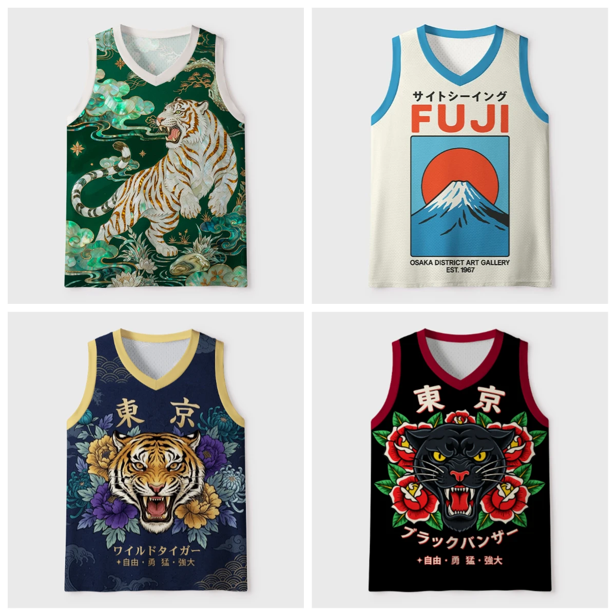 2026 new V-neck mesh basketball sports vest, Japanese ukiyo-e animal print sleeveless fitness muscle breathable sports jersey