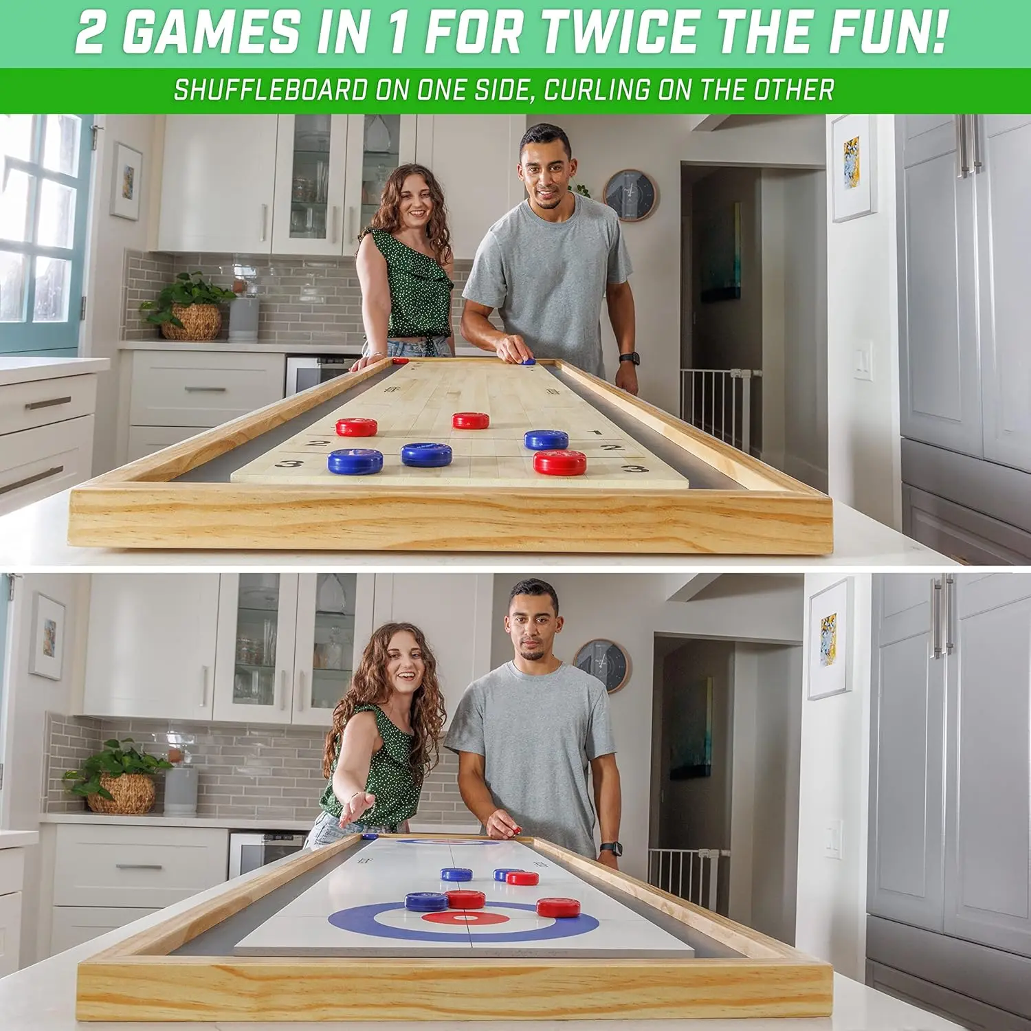 Jogos de Tabuleiro Shuffleboard e Curling, Tabletop Clássico, Tamanho Gigante, Escolha o Seu Estilo, 2 em 1