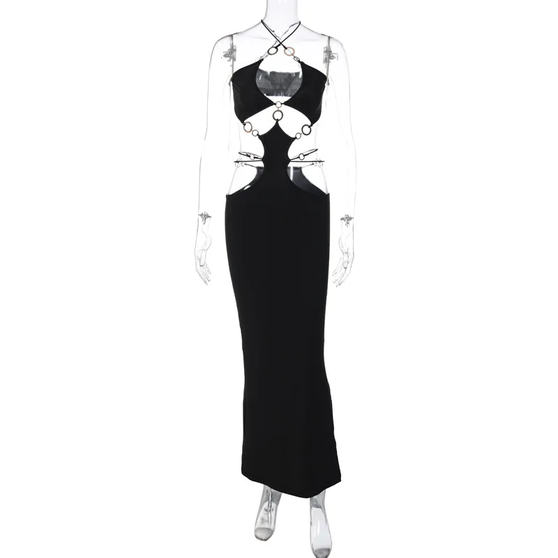 Women's Summer New Product Sexy Low Cut Circular Splicing Neck Strap Open Back Split Dress