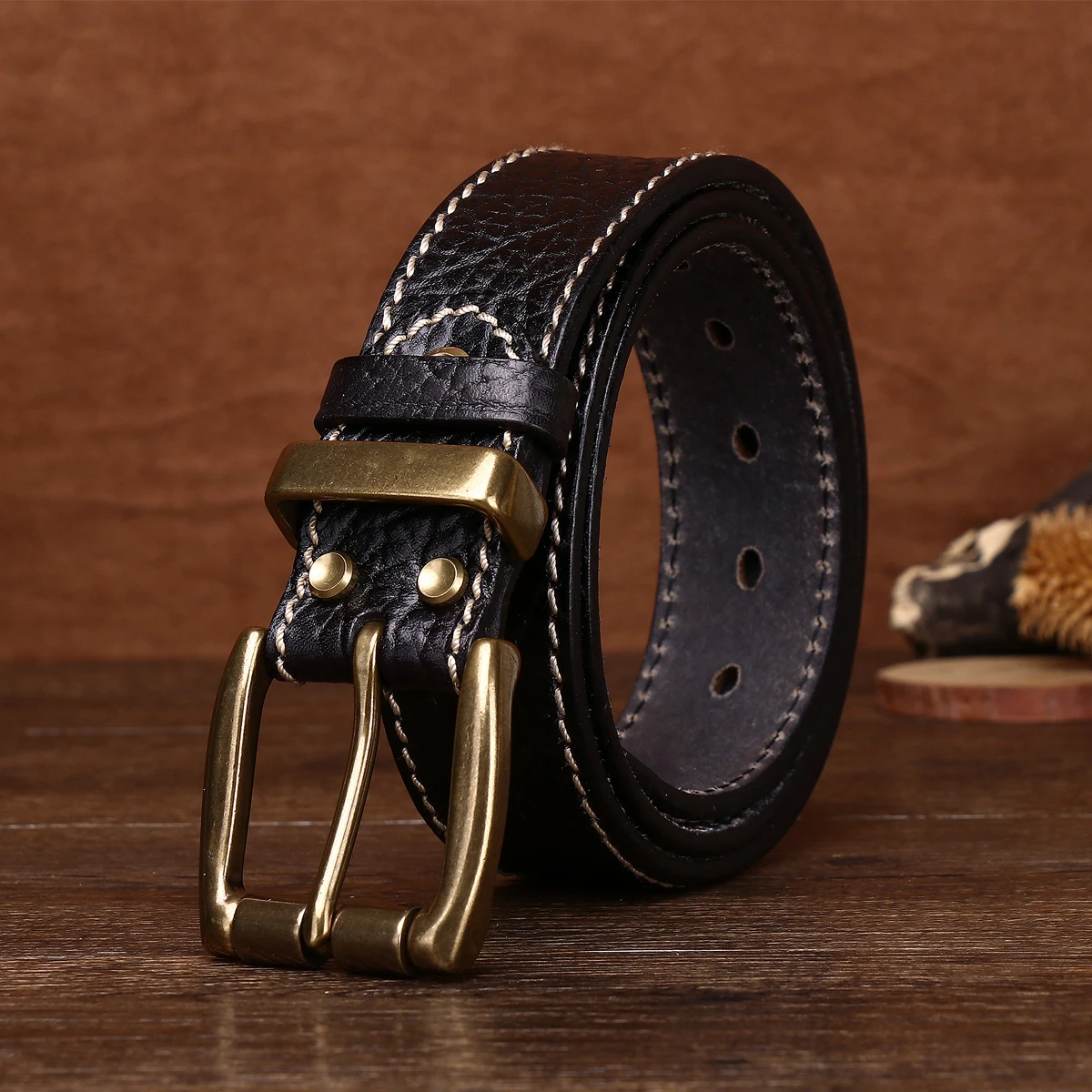 3.8CM men's top waistband with copper buckle copper ring embossed thick cowhide casual and fashionable gift giving