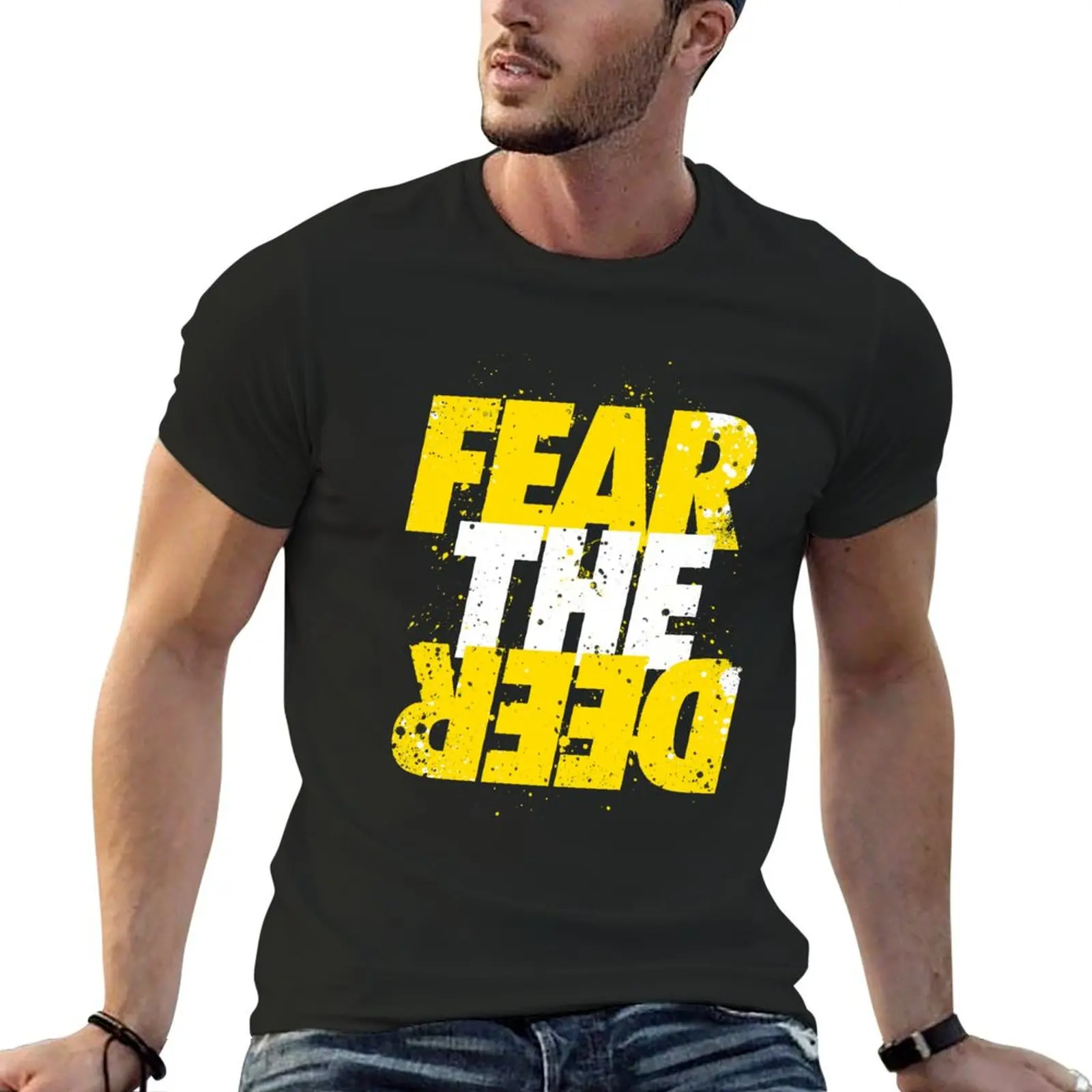 Fear the Deer - Yellow and White Text T-Shirt man t shirt oversized anime figures shirts men