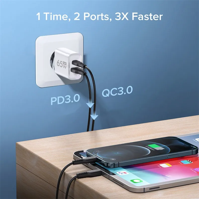 

2 Ports Type-C+USB QC 3.0 Wall Charger EU/US Plug 65W Mobile Phone GaN Fast Charger For iPhone 16/15 Xiaomi 15/14 Samsung Huawei