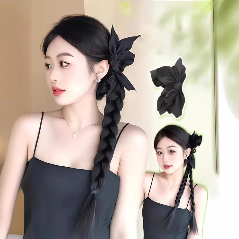 Elegant Women synthetic Black Bowknot Clip Ponytail Wig Natural Simulation DIY Braided Hair Extension