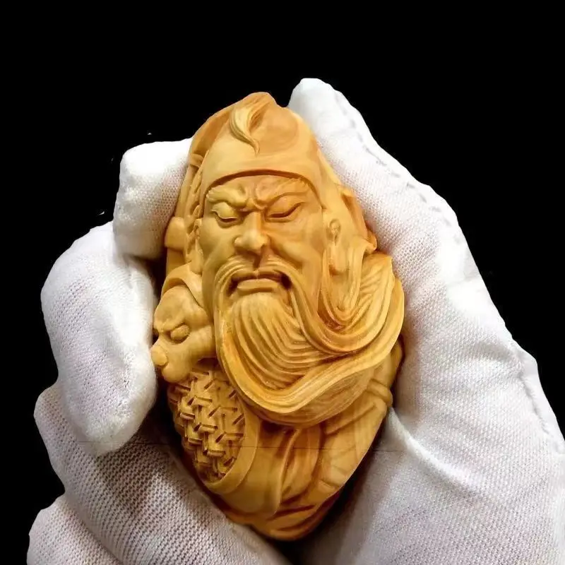 Small Leaf Boxwood Hand Piece Carved Guan Gong Wu God of Wealth Character Fortune Solid Wood Men's Portable Plate Play Object