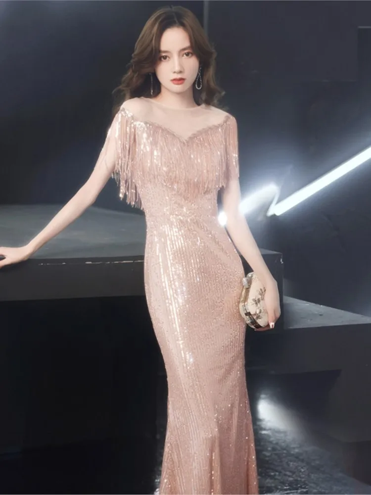 Sequined fishtail adult Liu Su Heavy Industry light luxury niche host banquet flash dress