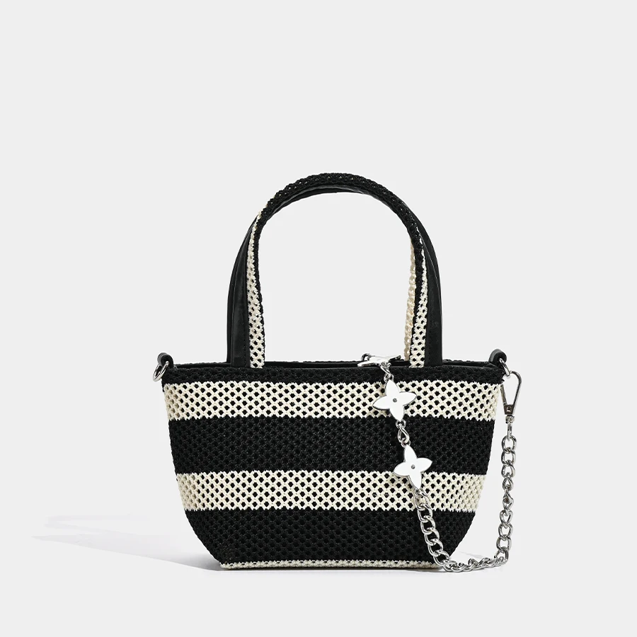 

2025 new summer striped braided small women's bag luxury hollow chain handbag for youth casual use solid color stylish basket ba