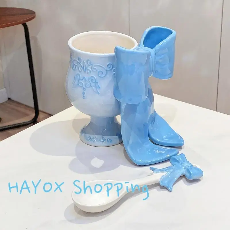 كوب كبير على شكل فيونكة عالية القدم، كوب سيراميك ملون تحت التزجيج، كؤوس إبداعية للحلوى الآيس كريم، كوب قهوة حليب الإفطار المنزلي #5