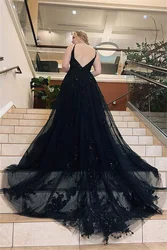 Sansa Elegant Black Tulle Sweep Tail فساتين السهرة Gothic A-line Vestidos De Noche Sexy V-neck Spaghetti Strap Prom Dresses