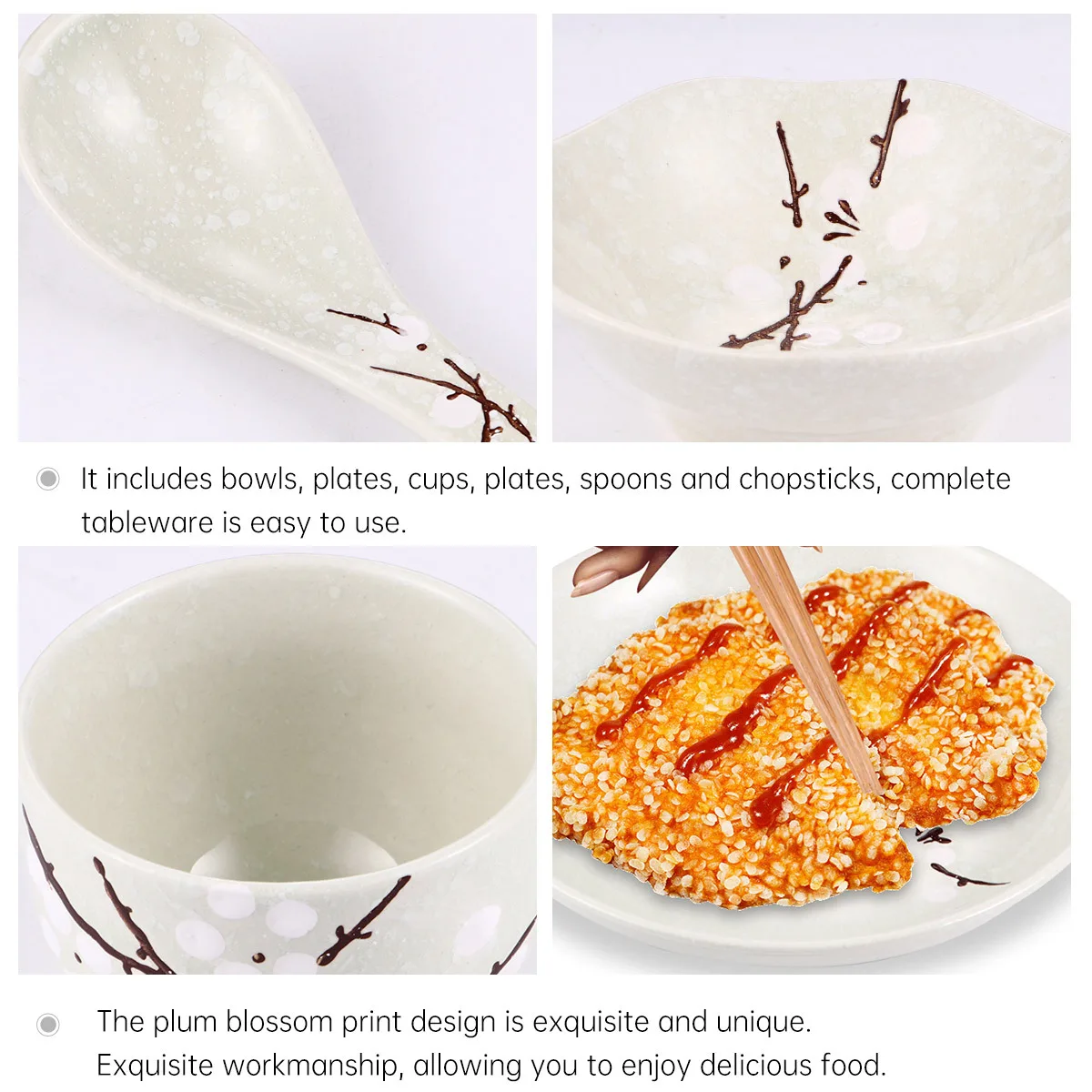 

1Set Japanese Style Household Ceramic Tableware for Single Use Plum Flower Print Practical Dinnerware Set Household Tableware
