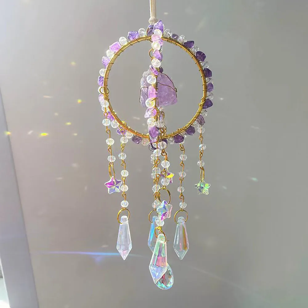 Custom Amethyst Crystal Sun Catcher - Double Hoop Gold Frame Raw Stone Chip Sphere Hanging Ornament for Window Decor