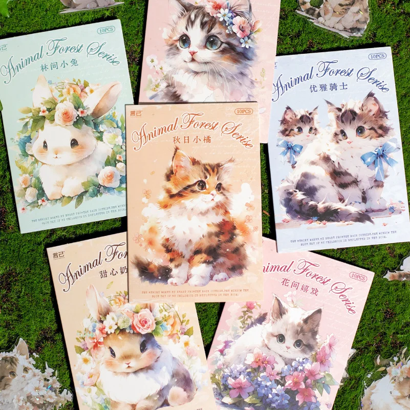 Adesivos transparentes auto-adesivos, Tema bonito do gato e do coelho, Etiqueta holográfica, Journaling Scrapbooking, 10 pcs