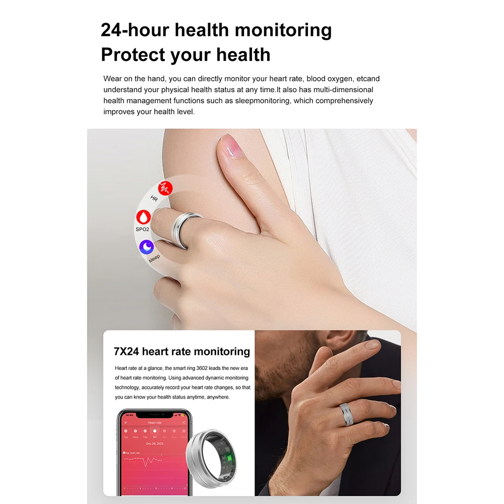 Smart Ring per il monitoraggio della frequenza cardiaca, dell'ossigeno nel sangue, della salute e del sonno modalità di esercizio multipla e monitoraggio delle Calorie IP68 impermeabile