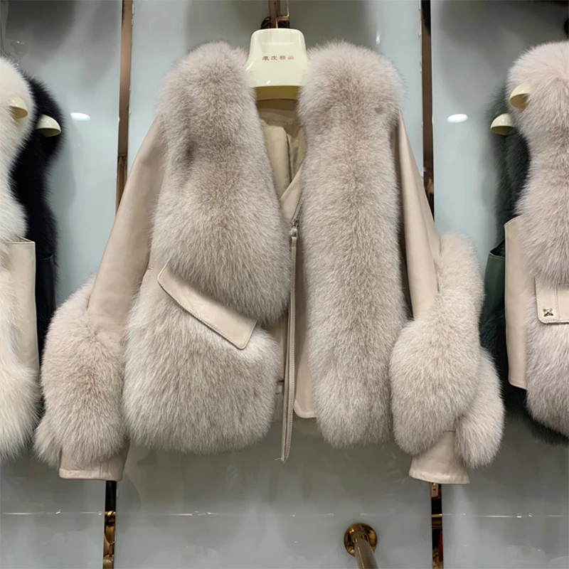 

2023 New Real Fur Coat Winter Jacket Women Natural Fox Fur Genuine Leather Luxury Outwear Locomotive Thick Warm Female Coat