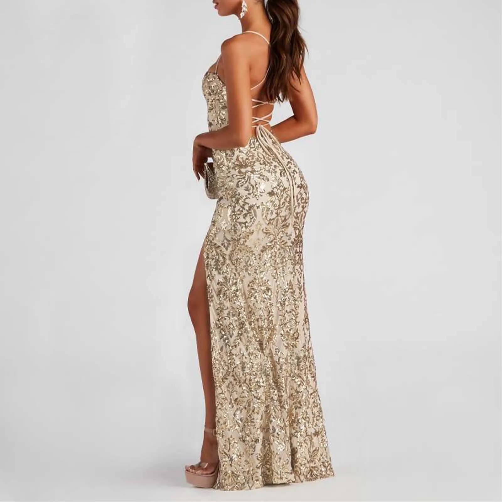 Sexy Pailletten Backless Lange Avond Prom Jurken Voor Vrouwen Spaghettiband Zomer Hoge Split Baljurk Formele Feestjurk