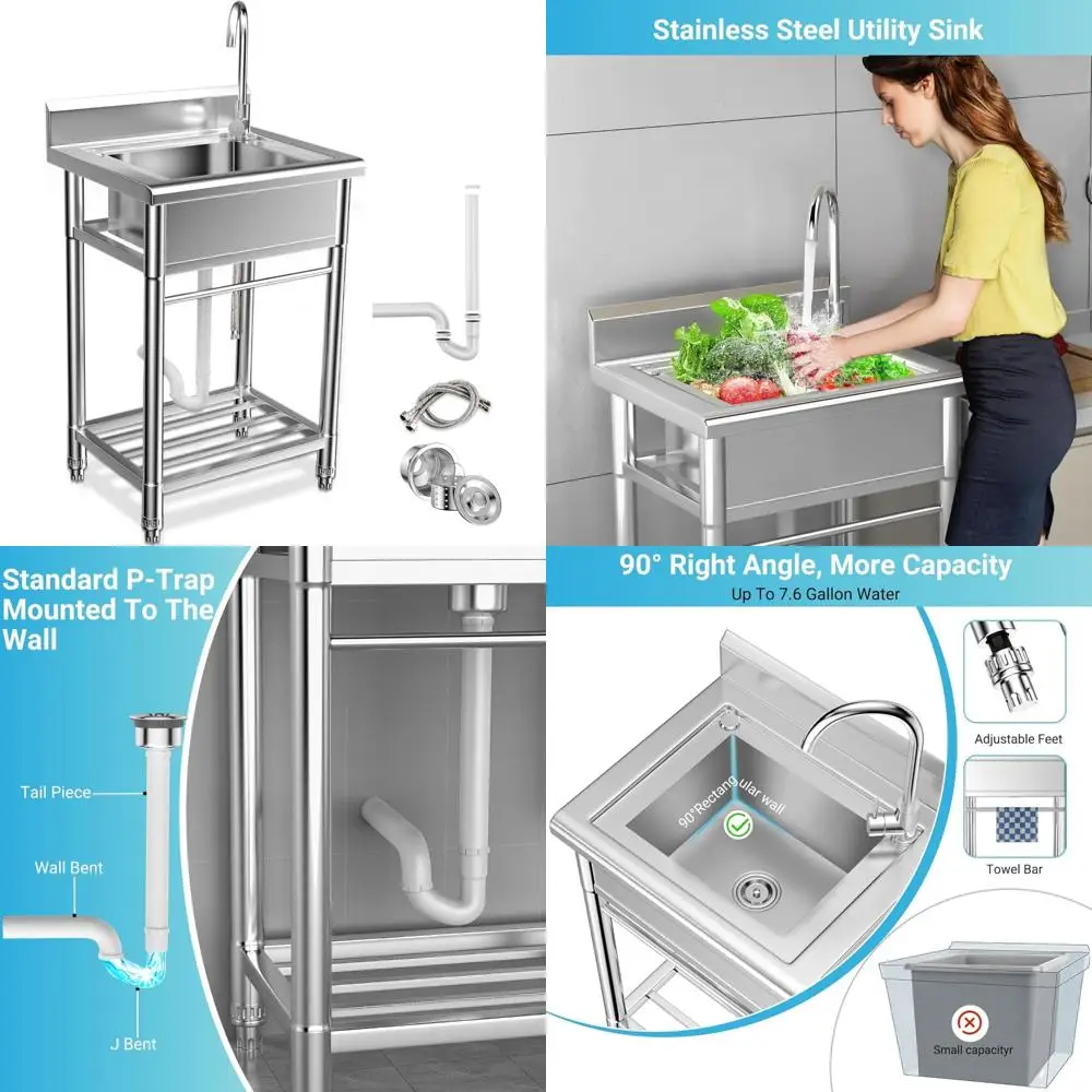 

Lafati Stainless Steel Utility Sink - Single Bowl Free Standing Kitchen Sink NSF Certificated with Cold and Hot Water for Farmho